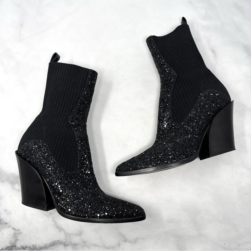 Jimmy Choo Mele Glitter 85 Chelsea Stretch Knit Block Heel Ankle Boots Black 36